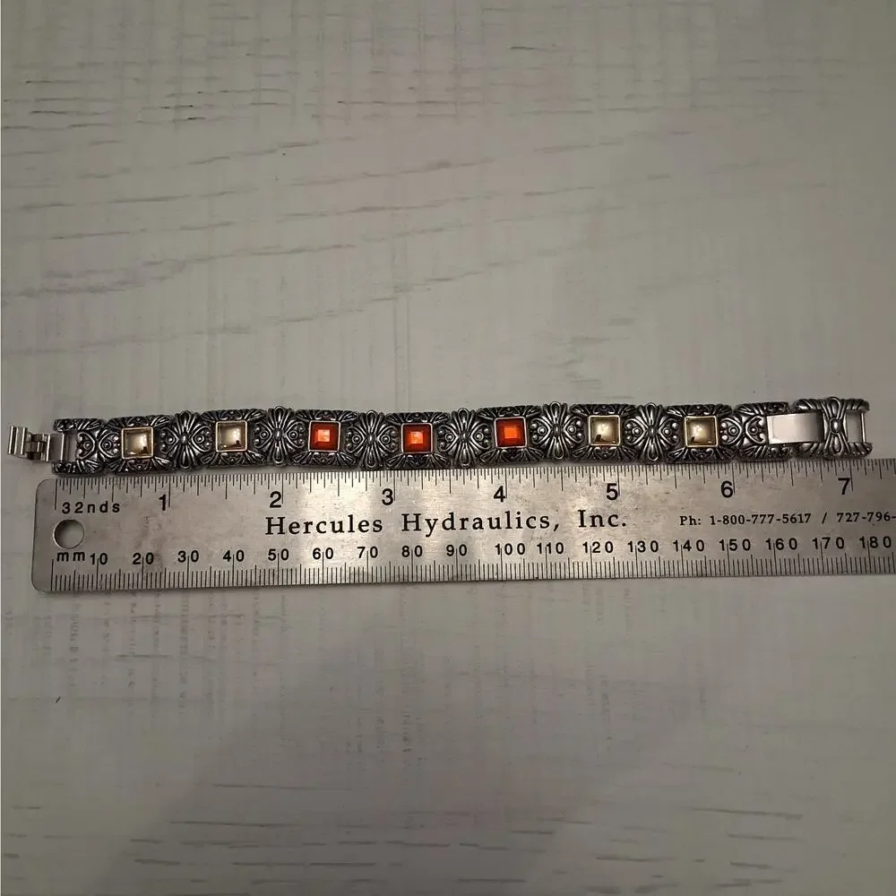 Silver Tone Vintage Style Bracelet with Red Rhinestones